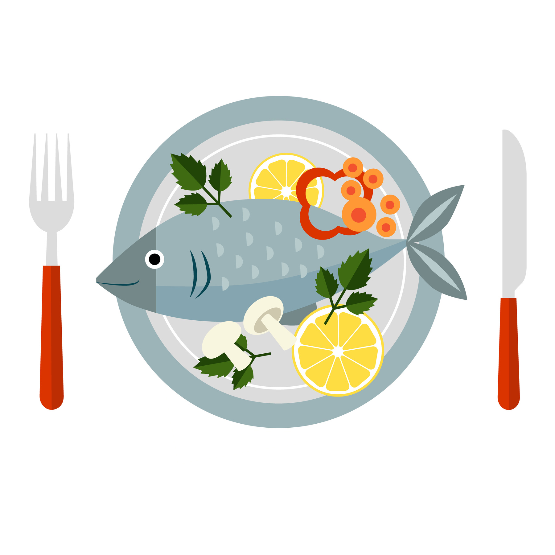 Illustrations eines Fischs auf einem Teller